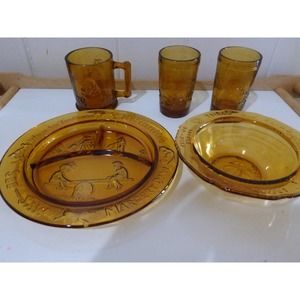 Vintage Margery Daw Amber Glass Nursery Rhyme Children's Dining Set
